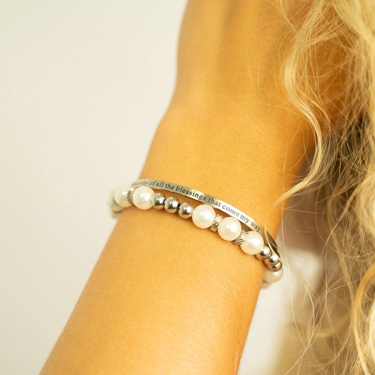 18K Gold PVD Worthy of Blessings Engraved Bangle Bracelet: Stainless