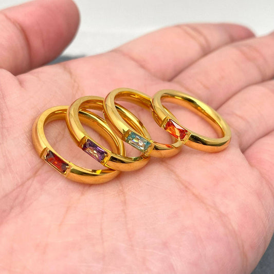 3.5mm Inlaid Zircon 18K Gold Plated Steel Ring - FGS: Blue / 7