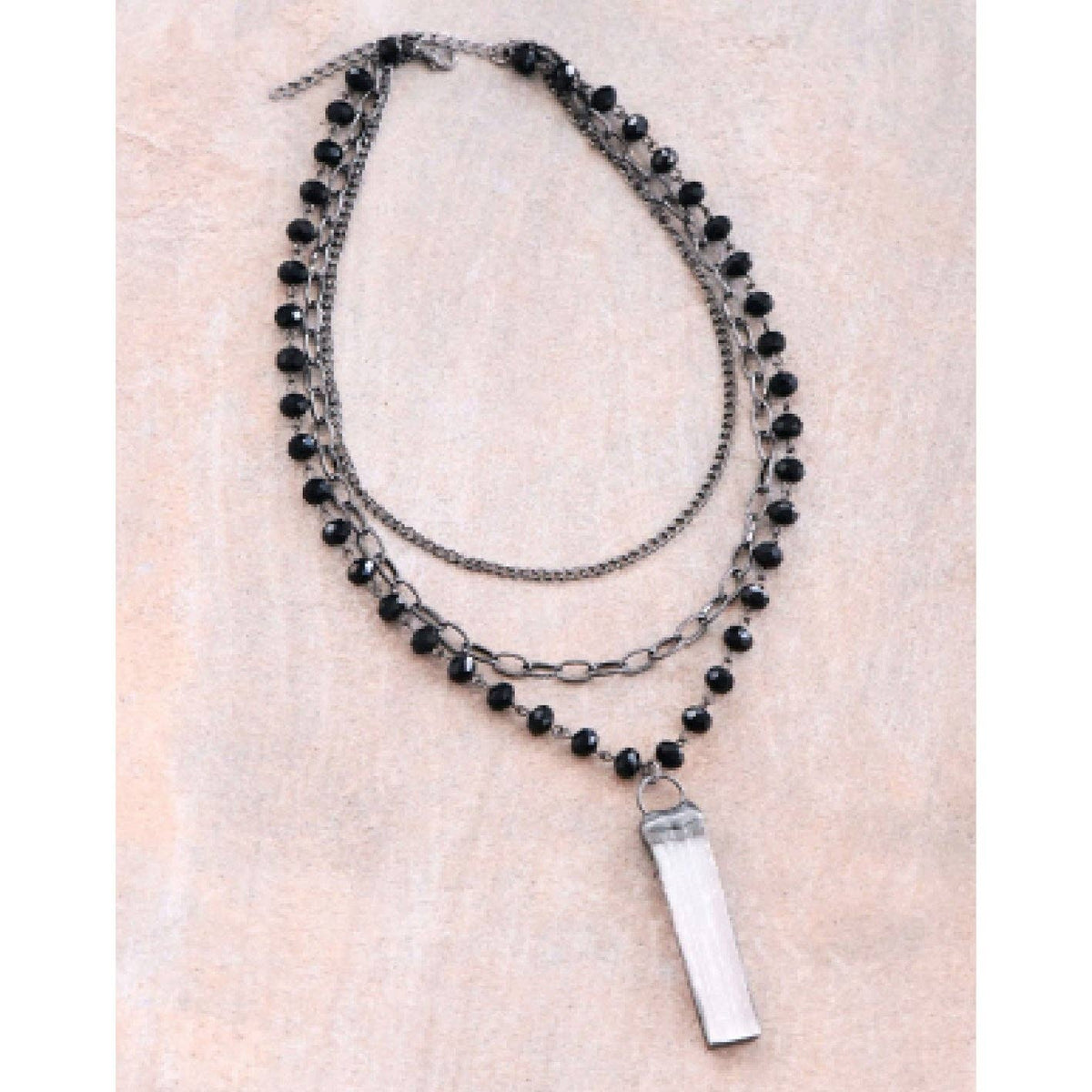 Black Layered Necklace with Crystal Stone Pendant - 6469: S0OX3T6469