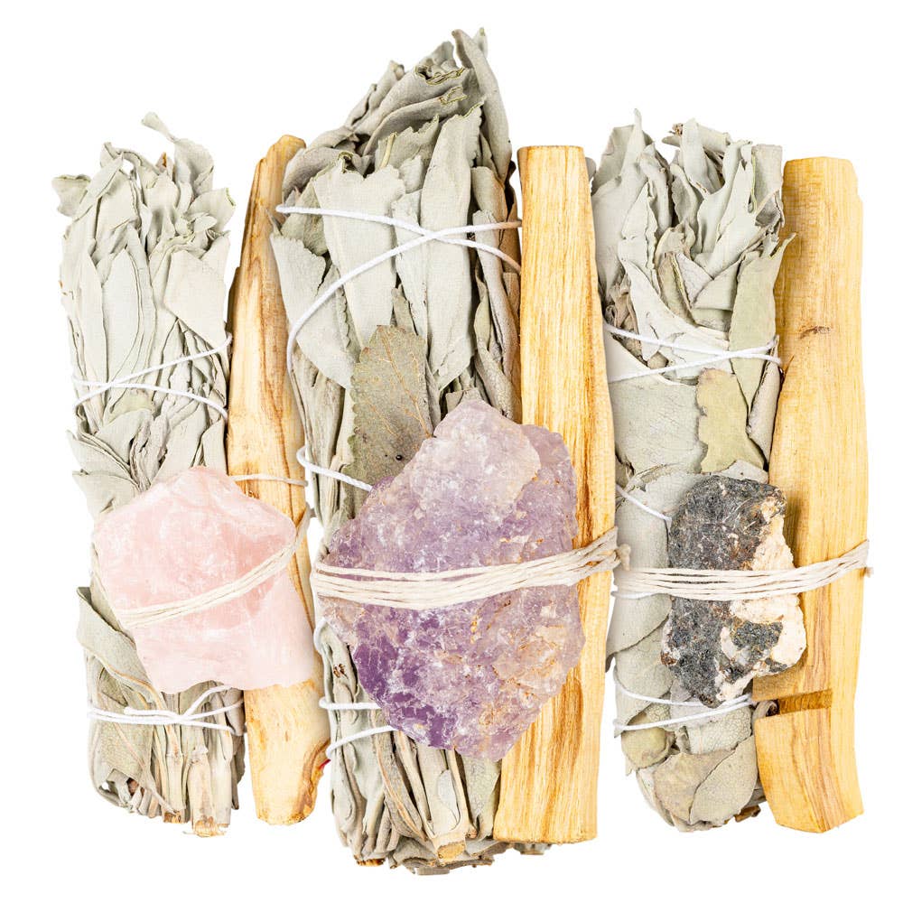 Sage Bundle W/ Gemstone And Palo Santo: Rose Quartz
