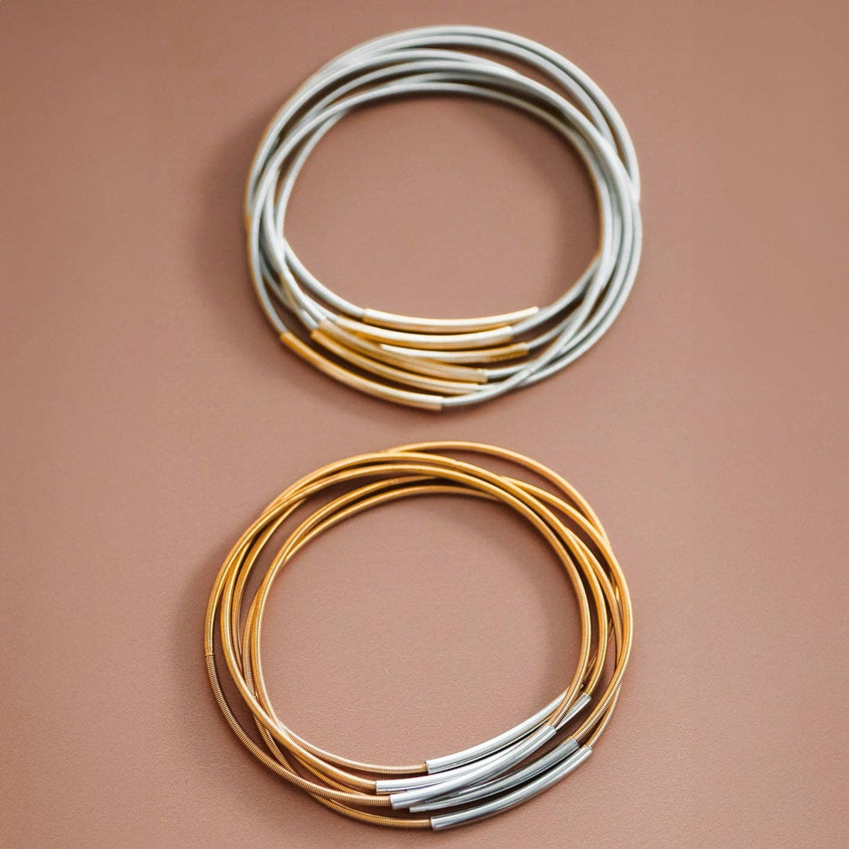 Stretchy Layered Guitar String Bracelet Set - 6019 6020: S0OX3T6020 Silver