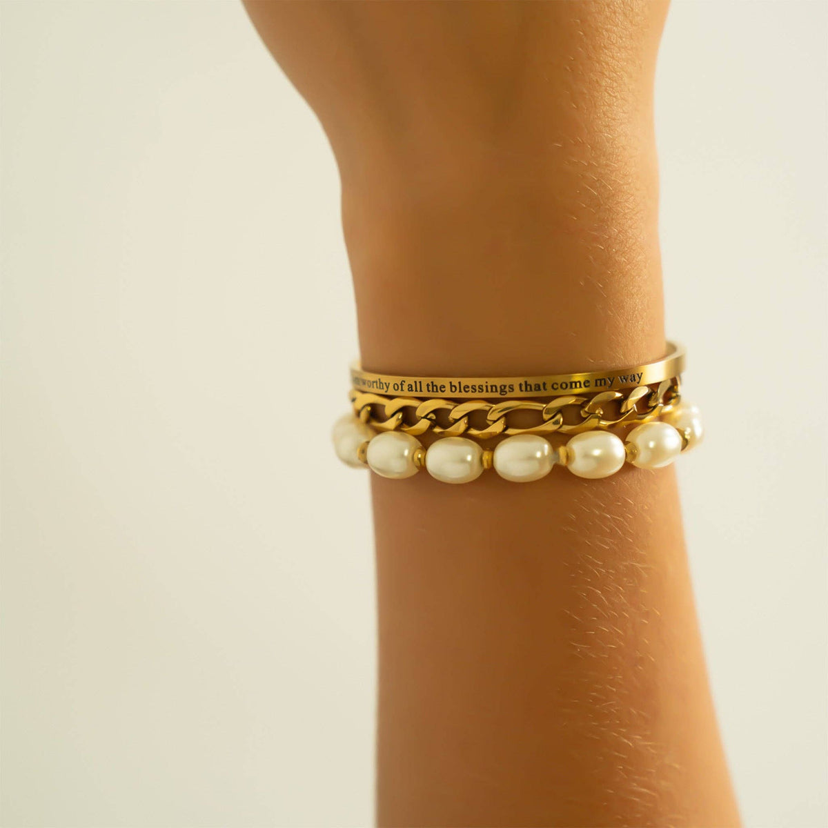 18K Gold PVD Worthy of Blessings Engraved Bangle Bracelet: Stainless
