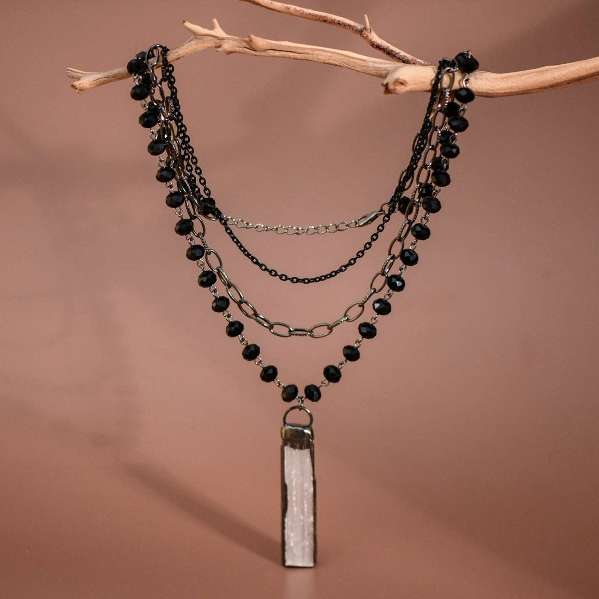 Black Layered Necklace with Crystal Stone Pendant - 6469: S0OX3T6469