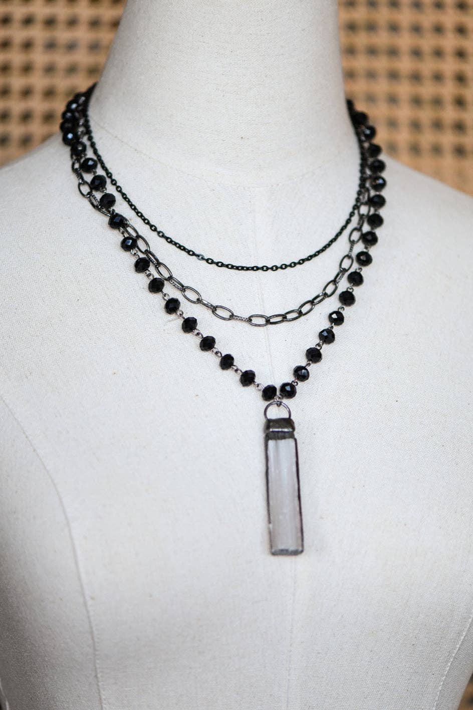 Black Layered Necklace with Crystal Stone Pendant - 6469: S0OX3T6469