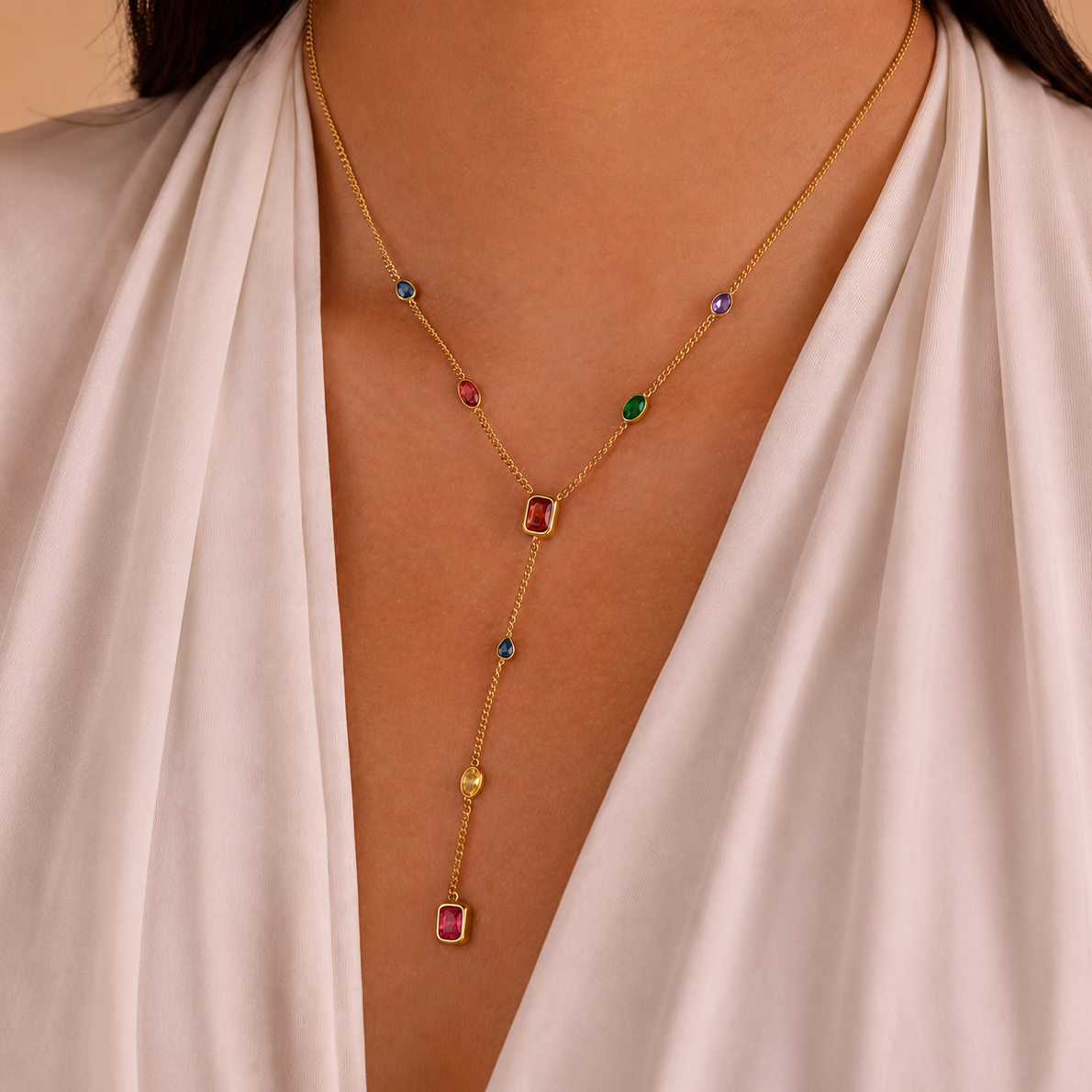 18K STAINLESS STEEL RAINBOW CRYSTAL Y NECKLACE | 40NK9763: MULTI