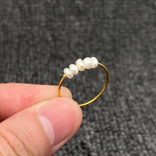 Pearl Beaded 18K Gold Plated Stainless Steel Fine Ring - FGS: 9