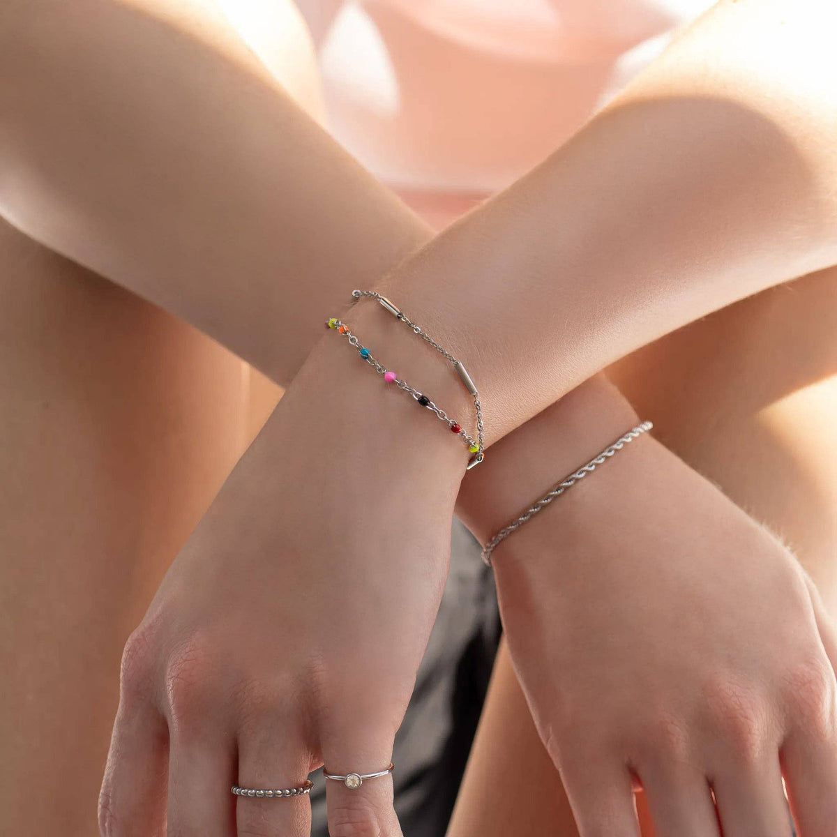 18K Gold PVD Stainless Steel Satellite Bar Chain Bracelet: Stainless