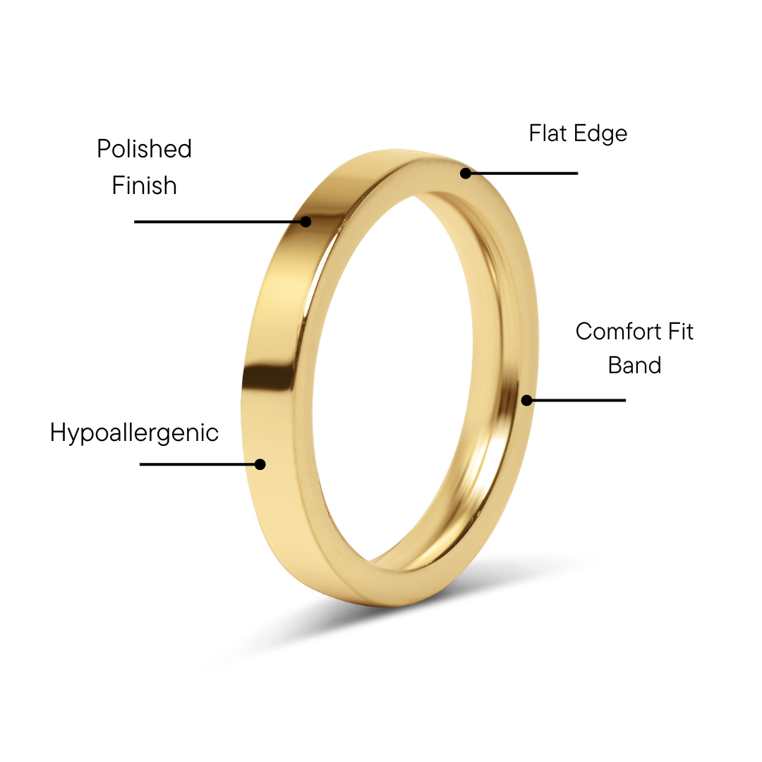 18K Gold Stainless Steel Blank Flat Band Ring: 8 / 3mm